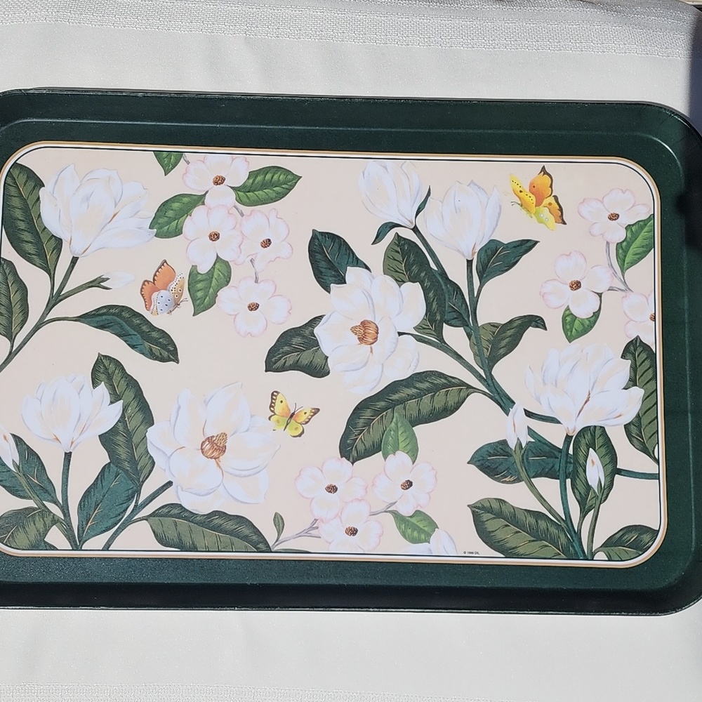 MAGNOLIAS Tray Floral & 3 Butterflies Decorative 12" X 16 " Green, Yellow, Pink